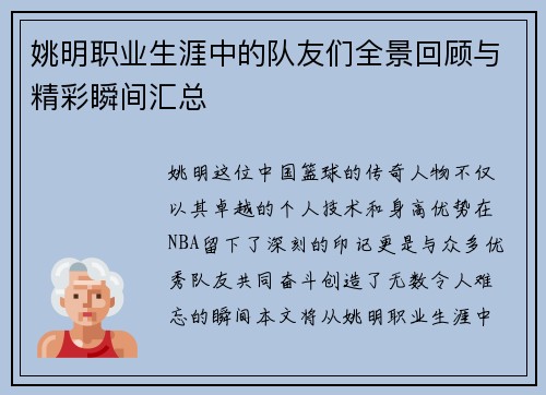 姚明职业生涯中的队友们全景回顾与精彩瞬间汇总