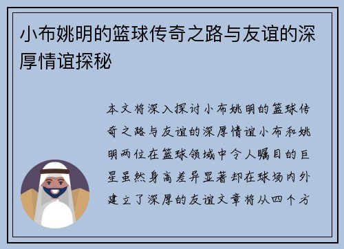 小布姚明的篮球传奇之路与友谊的深厚情谊探秘